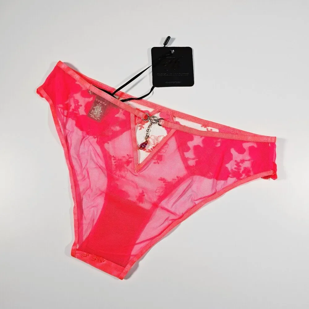Honey Birdette Rue Sour Pink Neon Colorful Floral Brief Panty Size S
